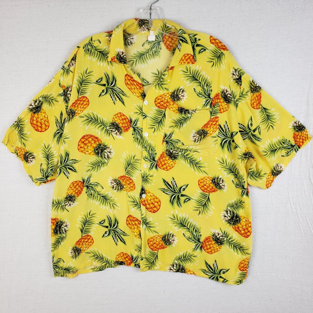 Vintage Pineapple Print Hawaiian Shirt 100% Rayon Yellow Unisex size XL/XXL
